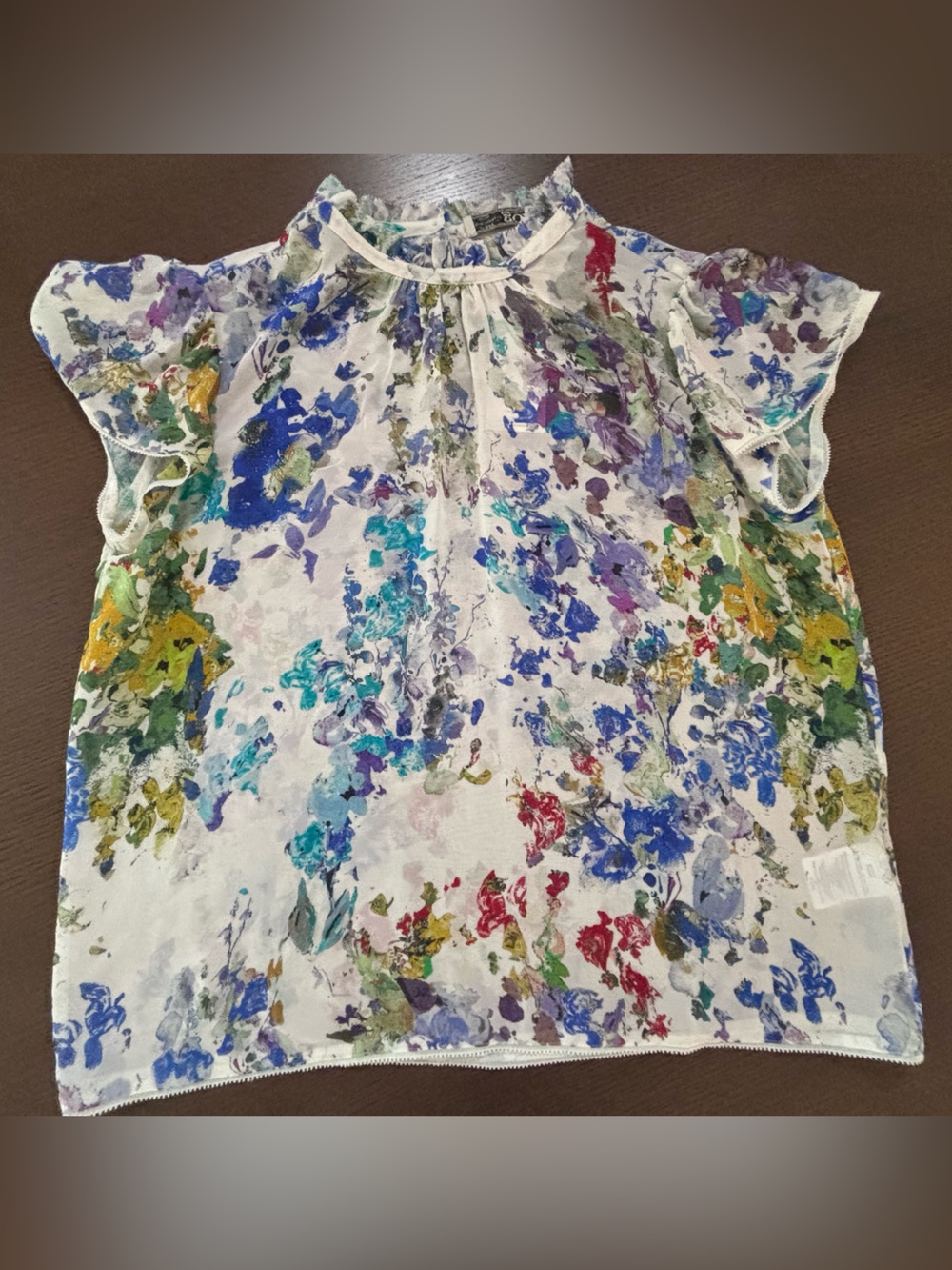 GO BY GO SILK White Sleeveless Top with Blue and Yellow Watercolor Floral Print